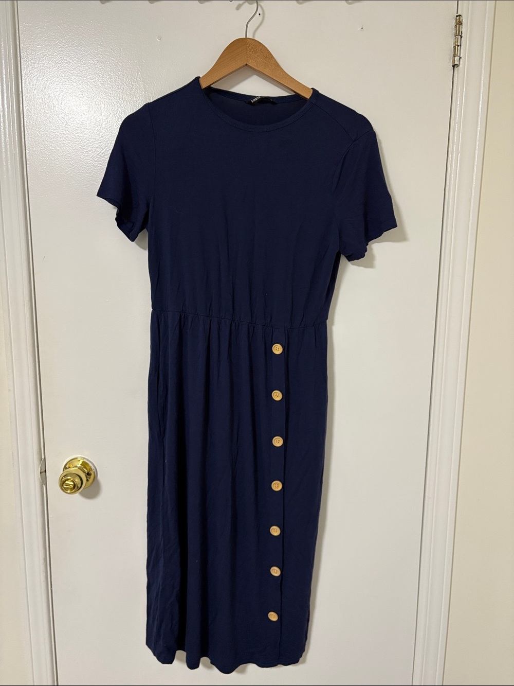 SHEIN Navy Short-Sleeve Midi Dress with Side Buttons